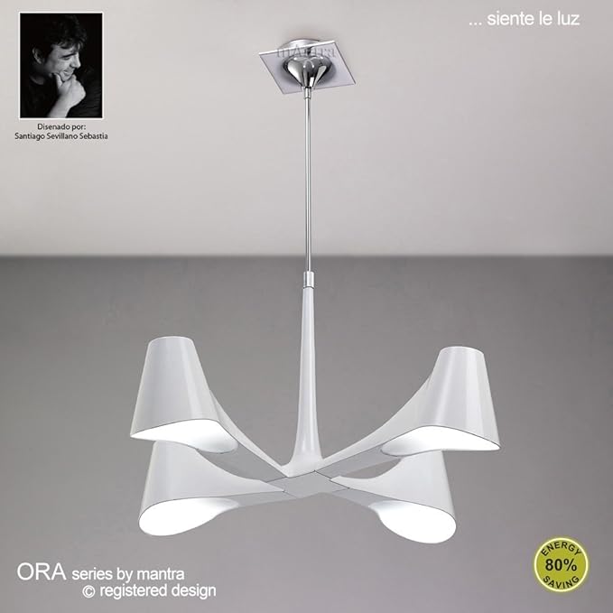 Mantra ORA Gloss White/White Acrylic/Polished Chrome Telescopic Semi Flush Convertible Pendant 4 Light