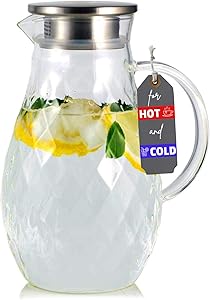 Borosilicate Glass Pitcher with Lid and Spout - 68 Ounces Cold and Hot Water Carafe with Unique Diamond Pattern, Beverage Pitcher for Homemade Iced Tea and Juice.