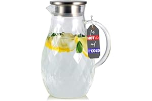 PJCKITCHEN Borosilicate Glass Pitcher with Lid and Spout - 68 Ounces Cold and Hot Water Carafe with Unique Diamond Pattern, Beverage Pitcher for Homemade Iced Tea and Juice.