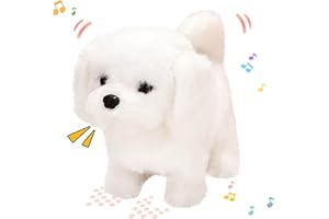 Hopearl Walking Dog Bichon Interactive Electronic Pet Plush Toy Puppy Woof and Moving Animated Nodding Head Gifts for Toddlers Birthday, White, 7''