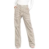 Dokotoo Women's Casual Mid Waist Cargo Jeans Stretch Button Wide Leg Denim Pants with Pockets