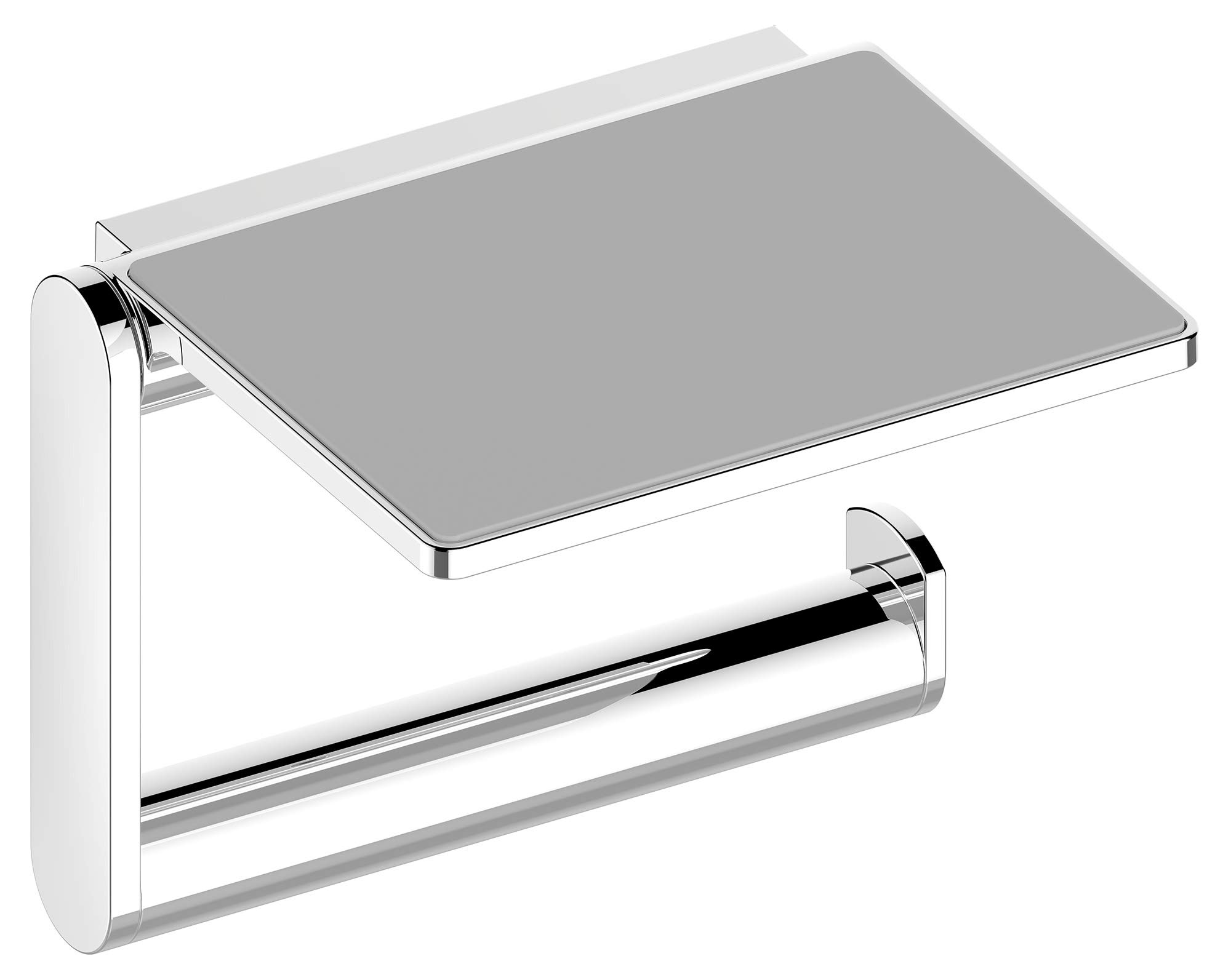 KEUCO Plan Toilet Paper Holder with Shelf, Open Shape, Chrome-Plated Metal, Made in Germany, Swivelling, Includes Screws and Dowels, Toilet Paper Holder for Drilling