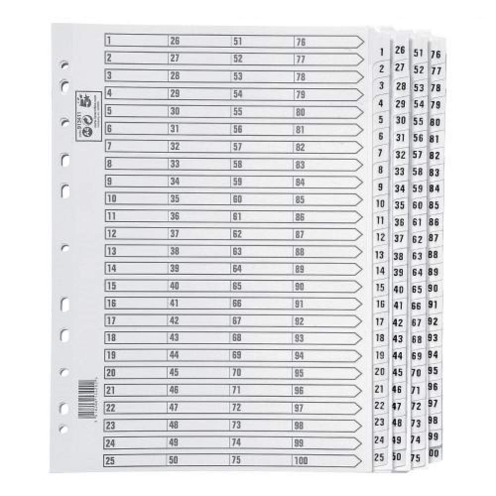 5 Star Index 230 micron Card with Clear Mylar Tabs 1-100 A4 White