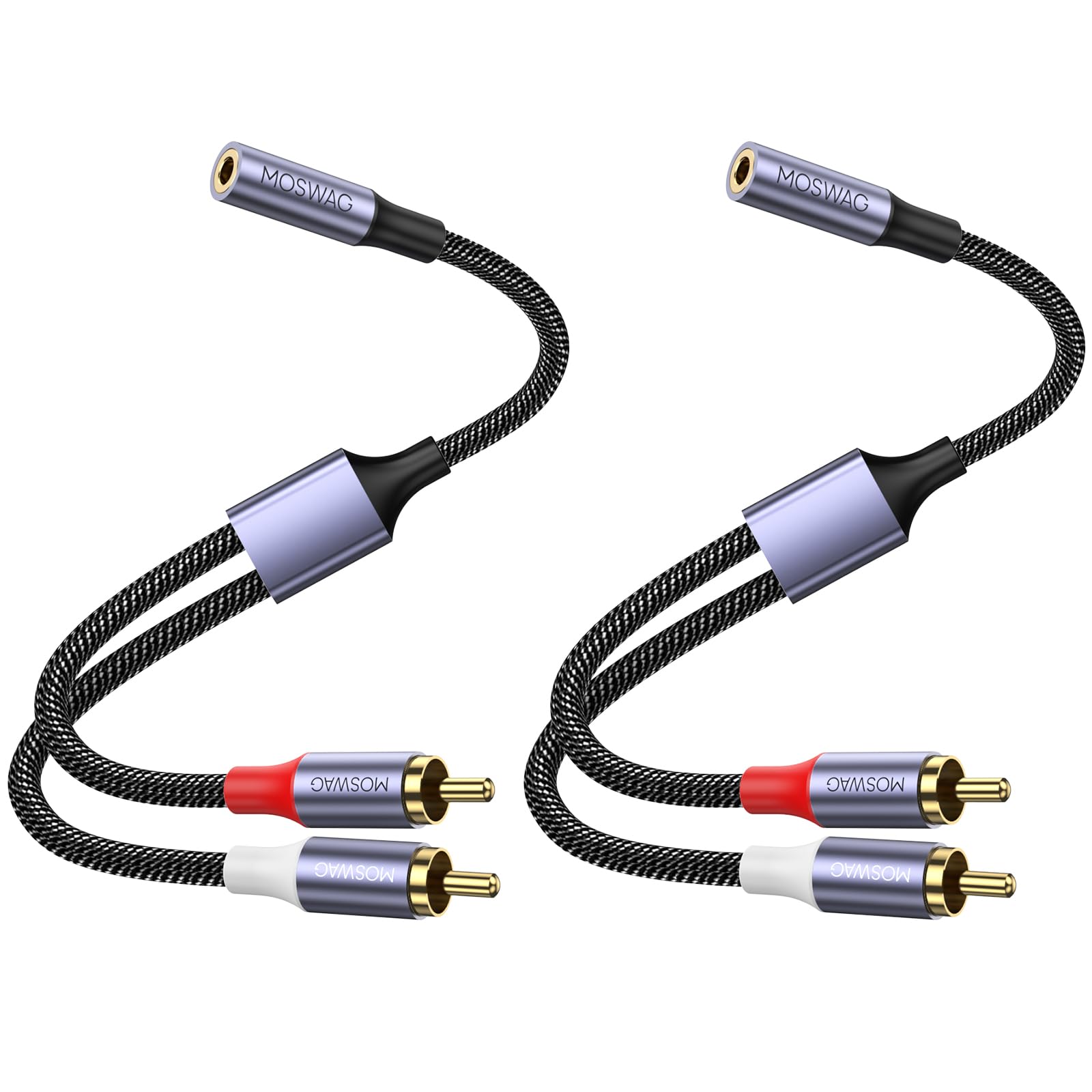MOSWAG 2RCA Male to 3.5mm Female 2-Channel Stereo Audio Cable, 2-Pack 25CM Gold-Plated Nylon Braided Hi-Fi Audio Cord, Compatible with Phones, Laptops, Amplifiers, Speakers, Home Theater, Soundbars