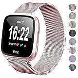 Deyo Fitbit Versa Bands for Women Men Large Small,Stainless Steel Milanese Loop Metal Replacement Bracelet Band with Magnetic Closure Accessories Wristbands for Fitbit Versa Smartwatch (Rose Pink, S)