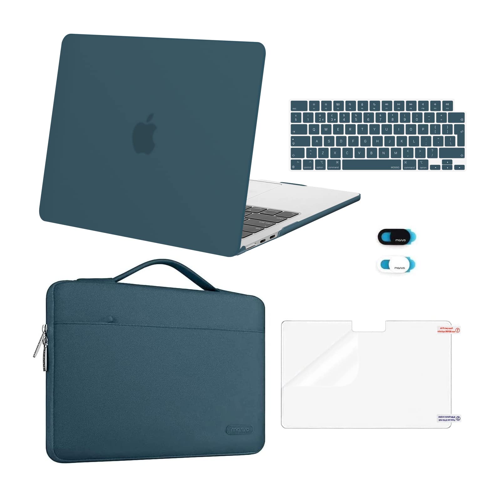 MOSISO Compatible with MacBook Air 13 inch Case M5 M4 M3 M2 2026-2022 A3449 A3240 A3113 A2681, Hard Shell&Sleeve Bag&Keyboard Skin&Webcam Cover&ScreenFilm for MacBook Air 13.6 Case, Teal Green