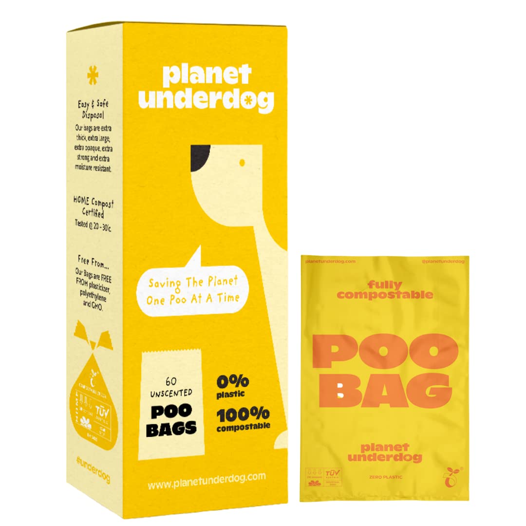 Planet Underdog 100% Compostable Dog Poo Bags (120 Yellow) | Extra Strong Biodegradable Dog Poo Bags | 0% Plastic | Extra Large and Thick | Made With Corn Starch | HOME Compost Certified | Unscented