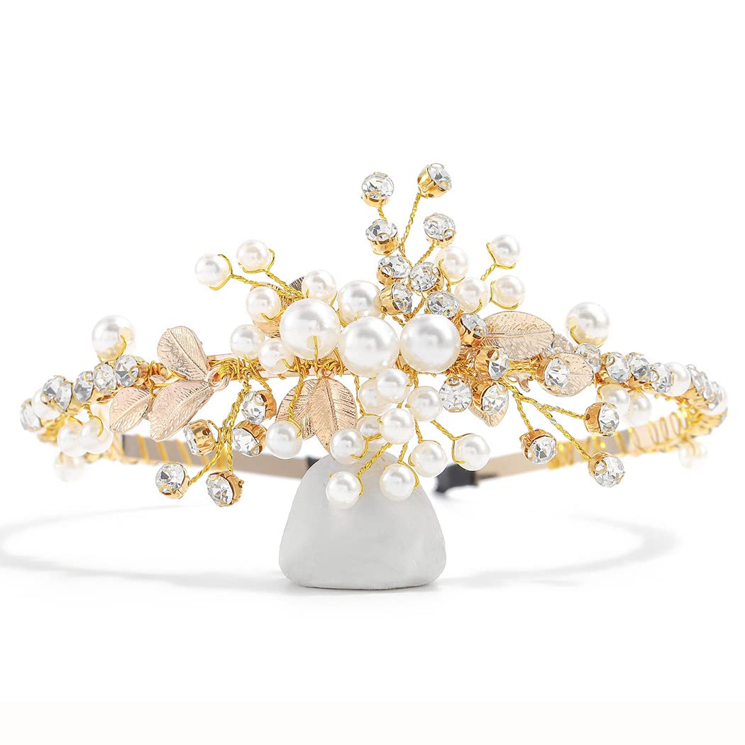 IYOU Flower Girl Headband Pearl Gold Headpiece Crystal Leaf Bridal Wedding Hair Pieces Accessories for Brides and Bridesmaids