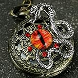Steampunk Antique Pocket Watch Necklace Victorian Pendant Charm Glass RED Fire Dragon Eye with Snake