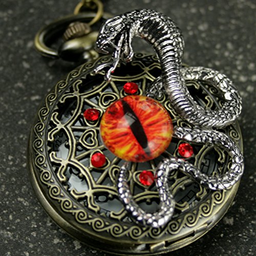 Steampunk Antique Pocket Watch Necklace Victorian Pendant Charm Glass RED Fire Dragon Eye with Snake