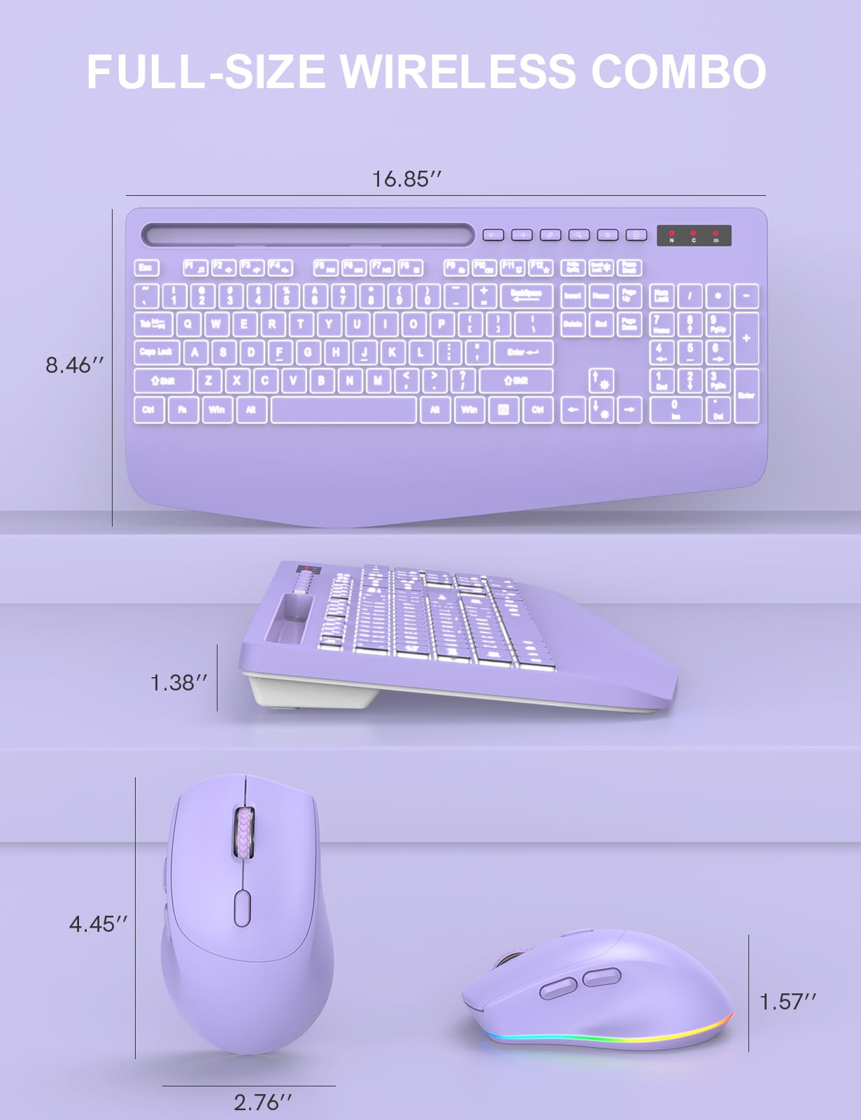 Wireless Keyboard and Mouse Combo - 7Color Backlit, Wrist Rest, Rechargeable, Silent Light Up Keys, Ergonomic Full Size with Phone Holder for Windows, Mac, PC, Laptop, PC - Trueque (Purple)