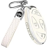 QBUC for Car Key Fob Cover,TPU 360 Degree Car Key Case Protector with Leather Keychain,7 Buttons smart key(White)