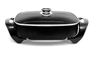 Caynel Professional Aluminum Non-stick Electric Skillet Jumbo 16” x 12”x 3”,with Glass Lid, 16 Inch, Black (Black)