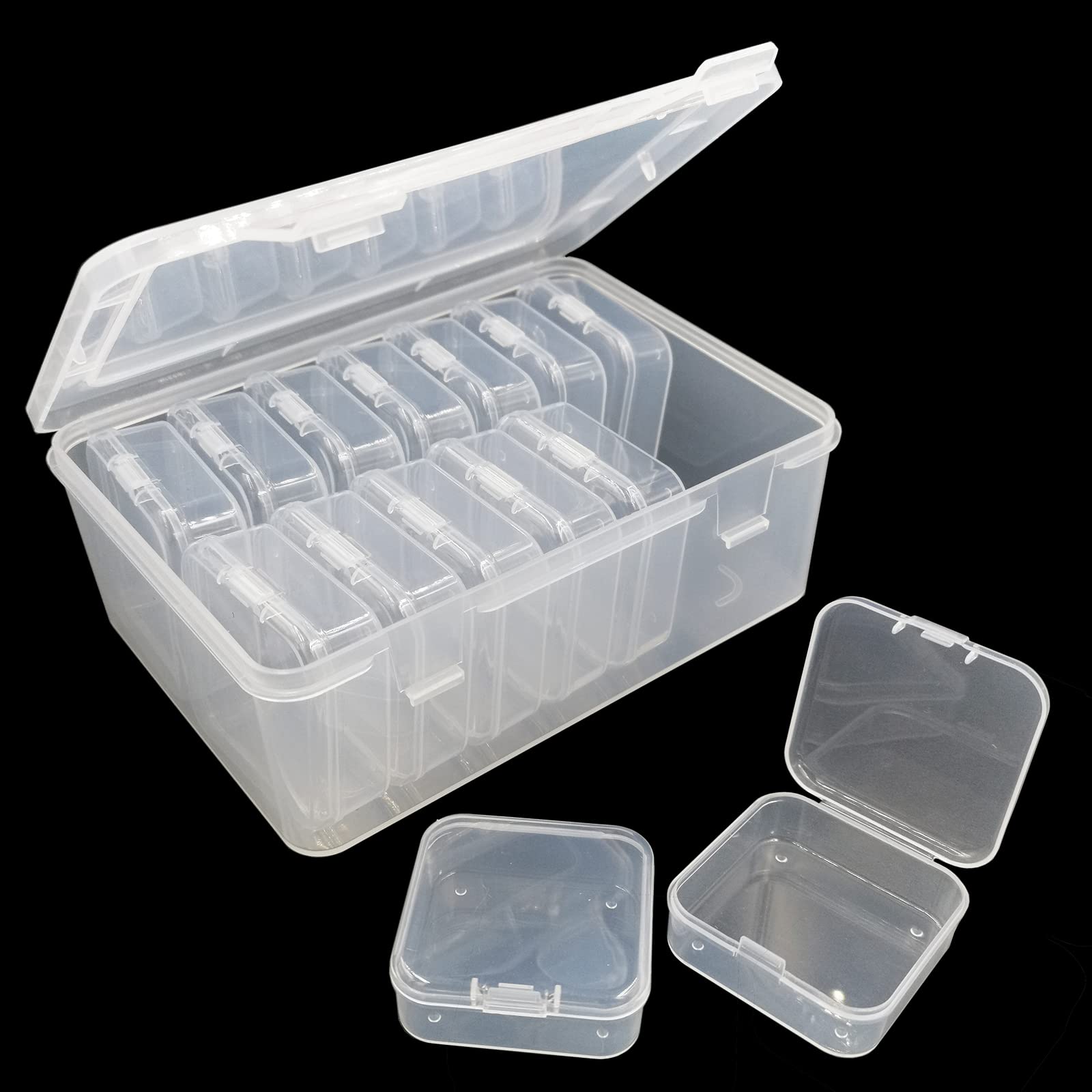 DUGYIRS 14 Pieces Small Transparent Plastic Storage Box with Hinged Lid and 1 Large Rectangular Plastic Storage Container Box for Beads and Jewelry, Small Items, Classification
