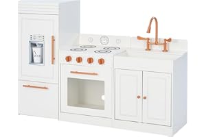 Teamson Kids Little Chef Paris Modular Contemporary Interactive Wooden Play Kitchen with Refrigerator, Oven, Sink, and Storage Space for Easy Clean Up, White with Rose Gold Finishes