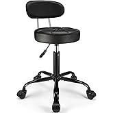 FNZIR PU Leather Rolling Stool with Back Support Height Adjustable Swivel Stool Chair with Wheels Drafting Chair for Spa Slaon Massage Stable Base Foot Black