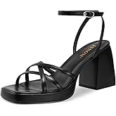 ISNOM Platform Block Heels Women Comfortable Strappy Heels Short Block Chunky Sandals Ankle Strap Simple Summer Heeled Sandals Square Toe
