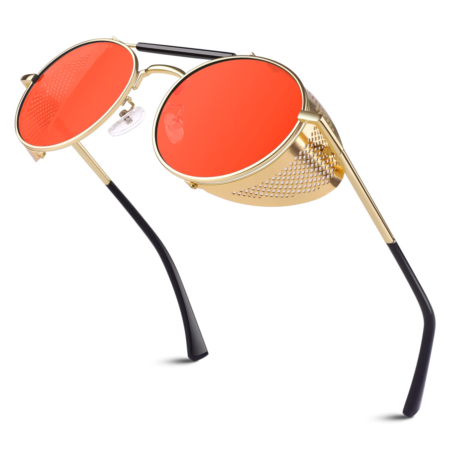 Sunier Retro Round Steampunk Sunglasses Side Shield Goggles Gothic Sun Glasses with 100% UV400 Protection