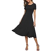 EXCHIC Women's Casual Round Neck Short Sleeve Midi Dress Solid Stretchy Waist Knee Long Dress