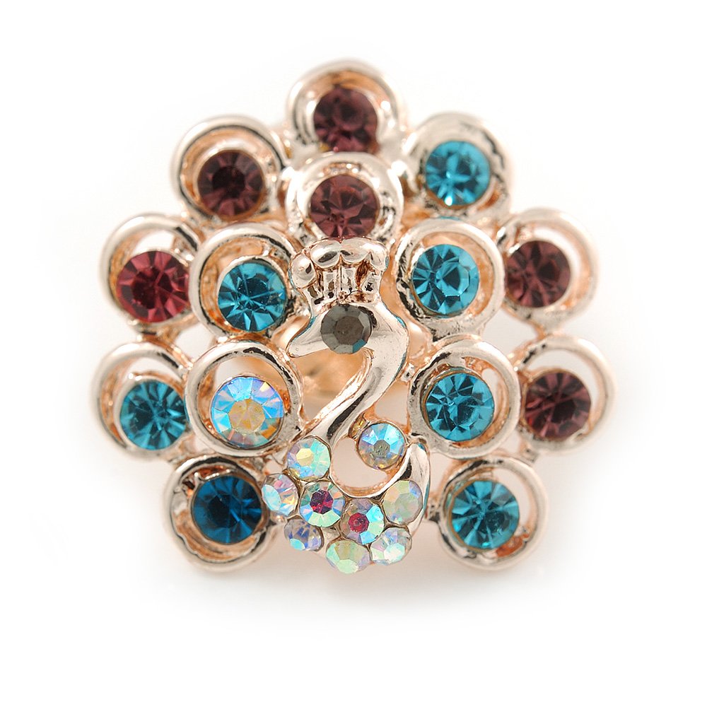 Tiny Multicoloured Peacock Pin Brooch In Gold Tone Metal - 20mm