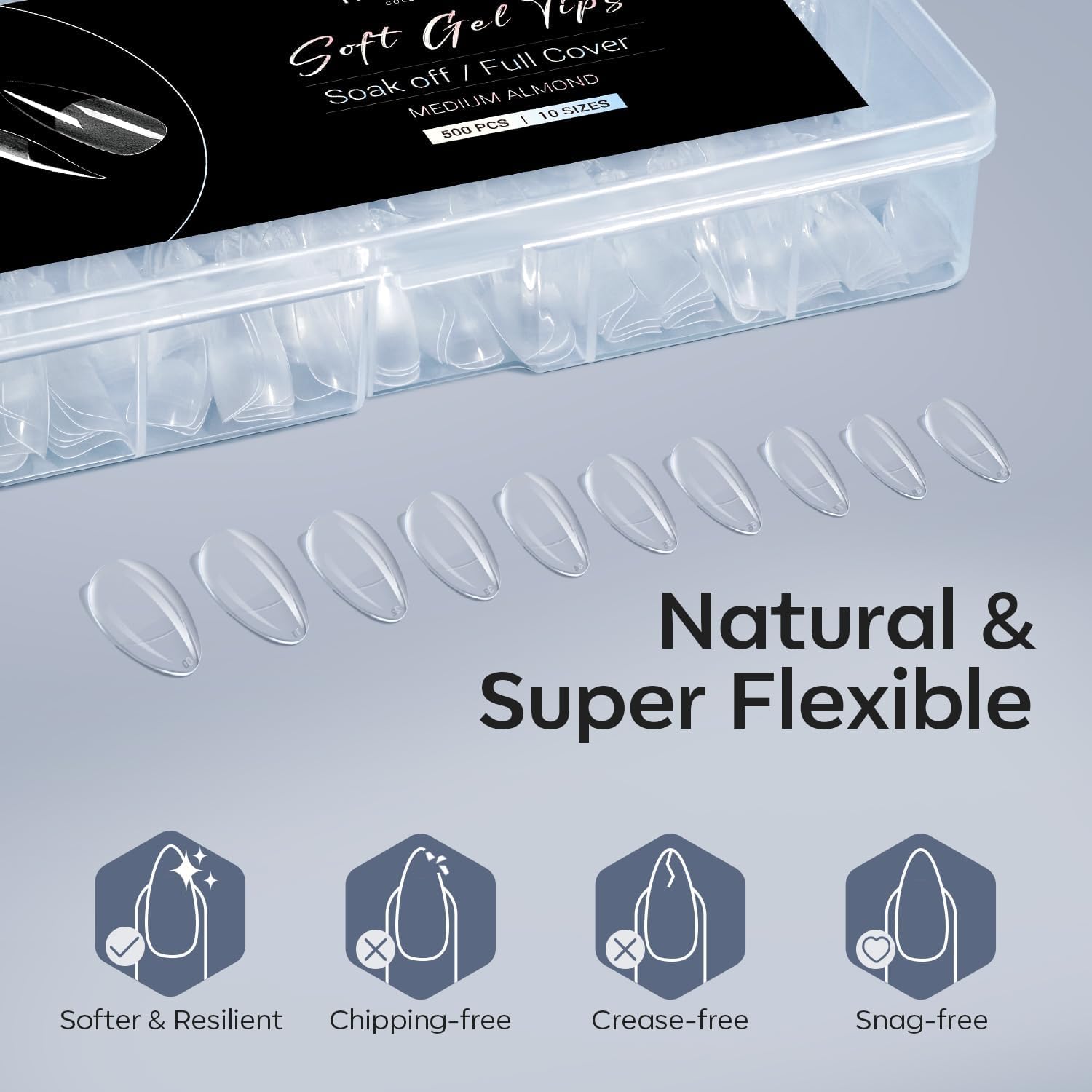 Modelones Almond Fake Nail Tips -500Pcs Medium Soft Gel Nail Tips Almond Shape Pre Etched Half Matte Full Cover Clear Acrylic Gel Kit False Press on for Extension Manicure Salon DIY at Home 10 Sizes - Image 5