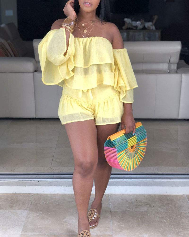 Womens 2 Piece Outfits - Cute Off Shoulder Ruffle Tops + Shorts Suit Sets Yellow