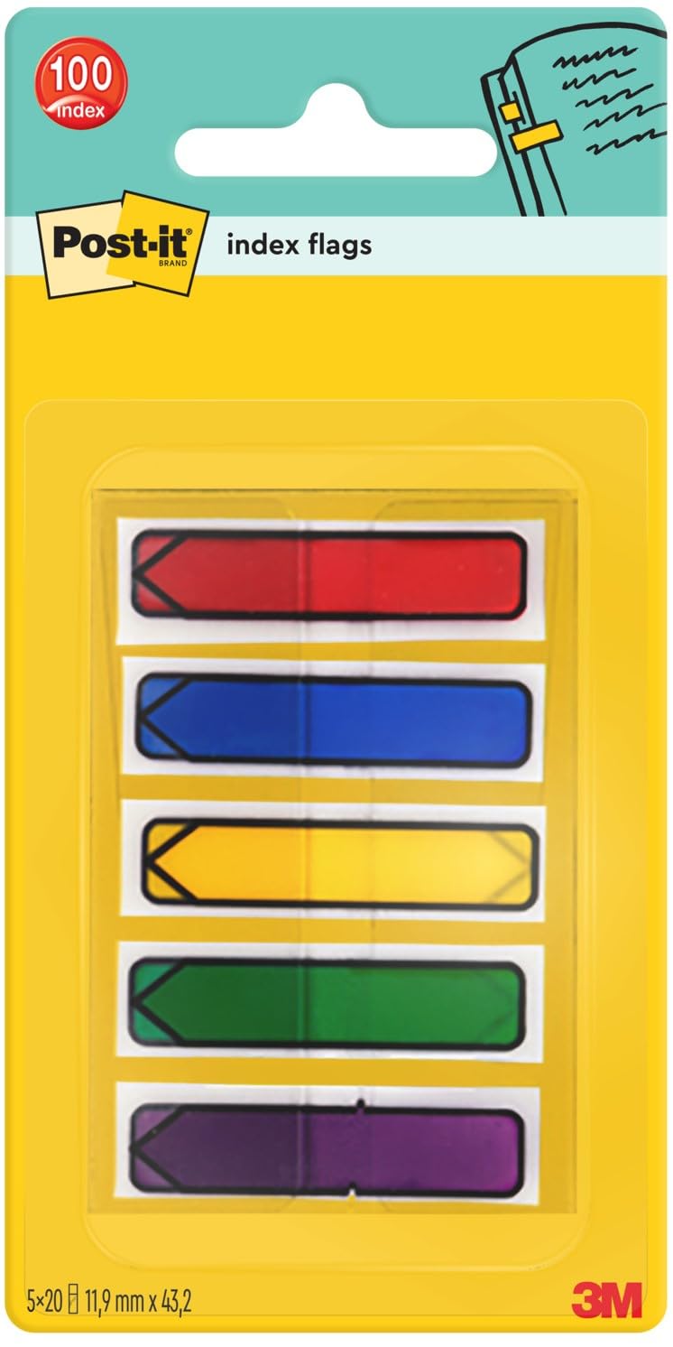 Post-it Index Arrow Flag, Assorted Colours - 11.9 mm x 43.2 mm, 100 Flags/Dispenser, 1 Dispenser/Pack - to Mark or Highlight Important Information
