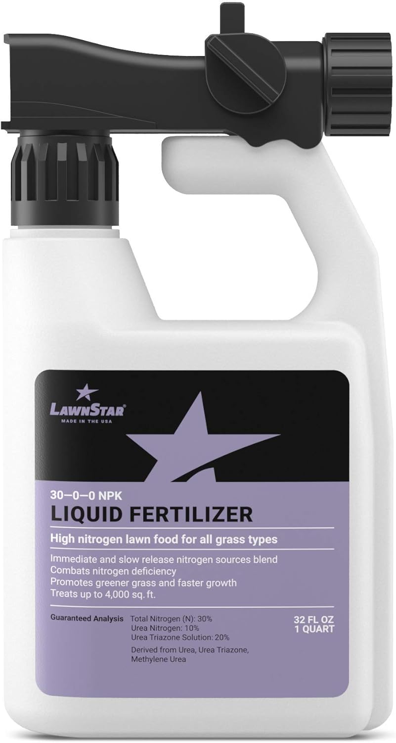 LawnStar 30-0-0 NPK Fertilizer (32 OZ) - Makes Grass Grow Greener, Faster - Liquid Lawn Food w/Slow Release Nitrogen - High Nitrogen Premium Blend, Treats Deficiency, All Grass Types - American Made
