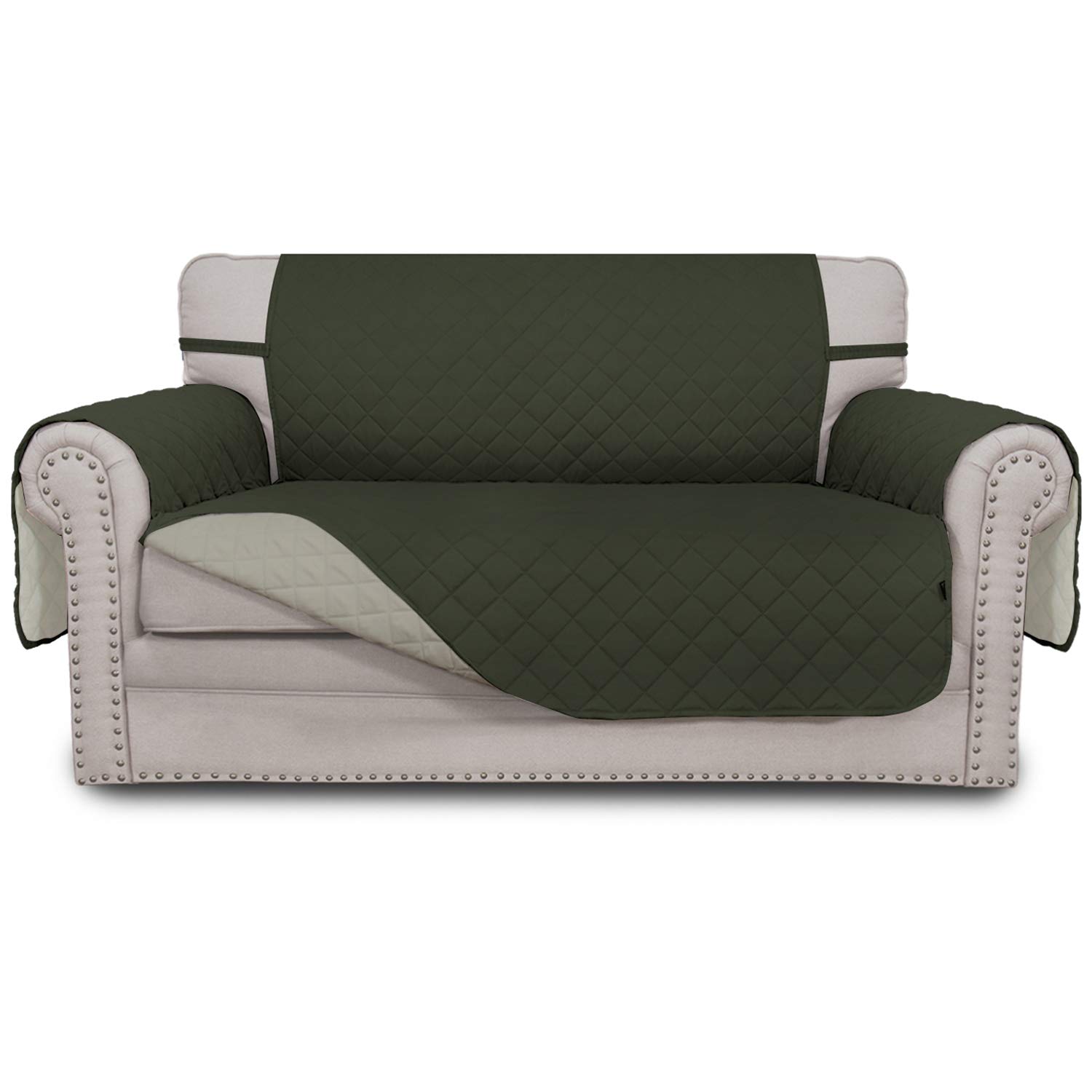 Easy-Going Sofa Slipcover Reversible Loveseat Cover Water Resistant Couch Cover Furniture Protector with Elastic Straps for Pets Kids Children Dog Cat(Loveseat,Army Green/Beige)