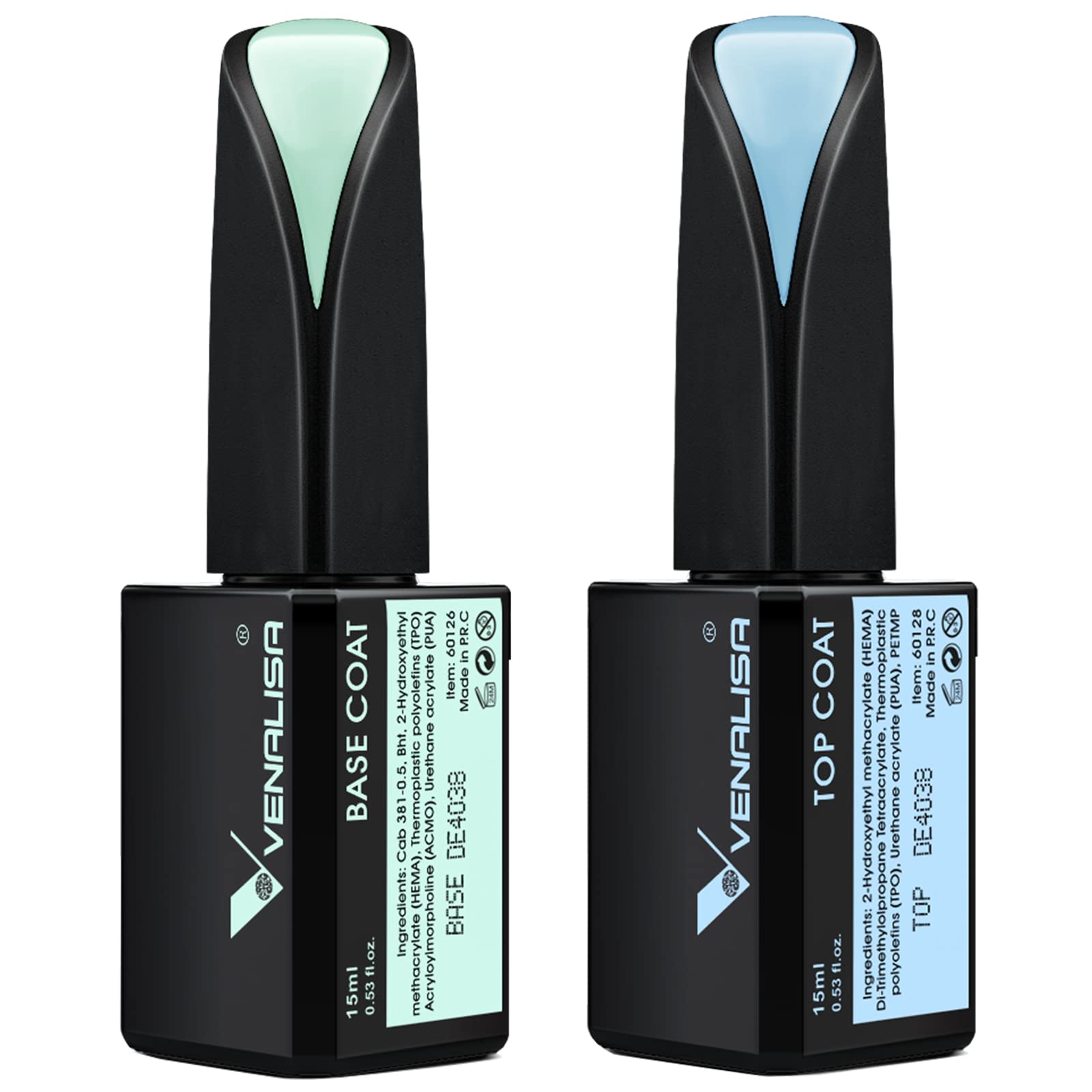 Photo 1 of VENALISA 2 Pcs 15ml Gel Nail Ploish Base and Top Coat Set, No Wipe High Gloss Long Lasting Tempered Top Coat Polish Soak Off LED Gel Kit