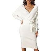 Seta T Women's V Neck Sweater Dress Batwing Sleeve Wrap Backless Knit Fall Midi Dress with Belted