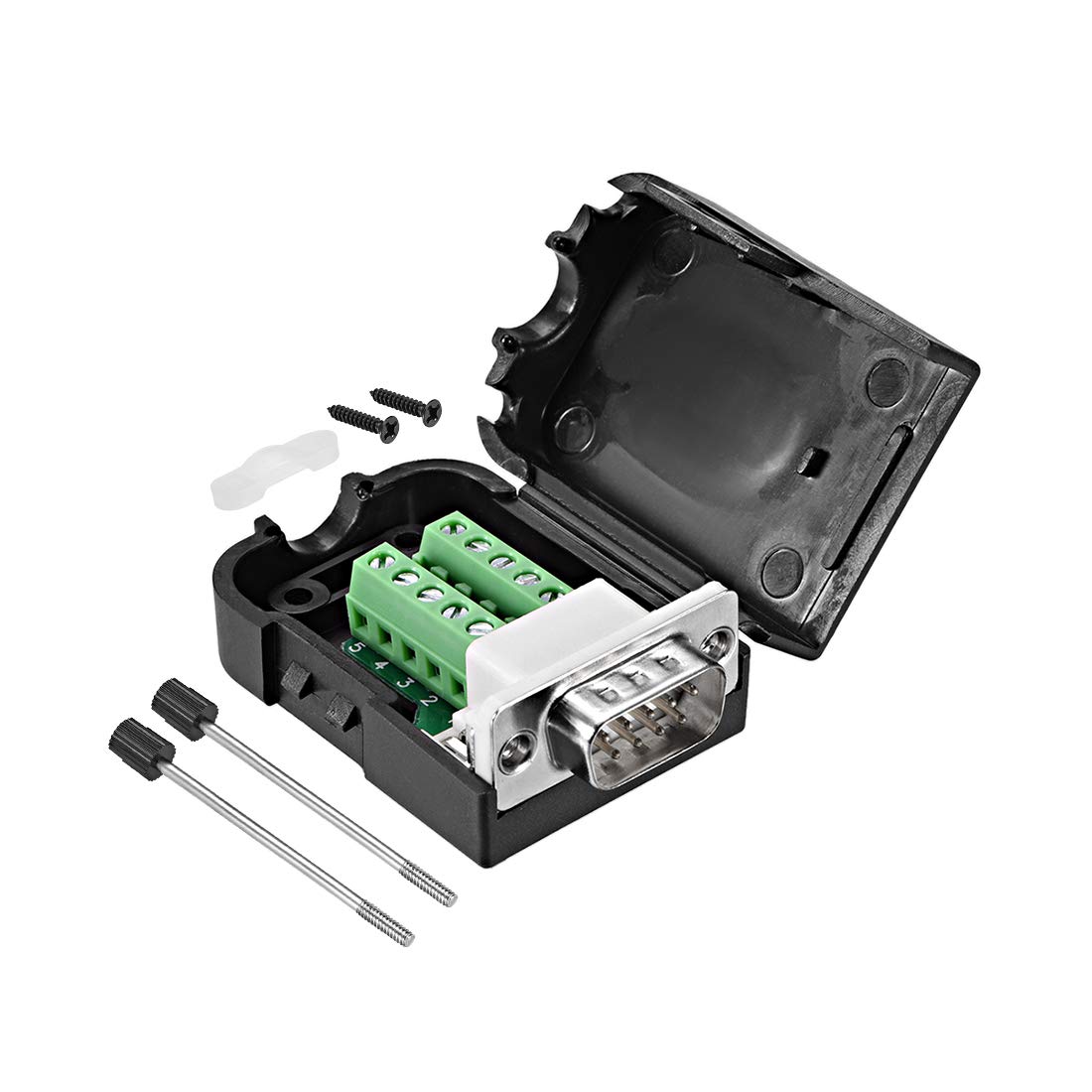 sourcing map D-sub DB9 Breakout Board Connector with Case 9 Pin 2 Row 422 Serial Male Port Solderless Terminal Block Adapter with Thumb Screws