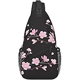 SURERUIM Cherry Blossom Sling Bag Abstract Japanese Pink Flowers and Petals on Branch Crossbody Backpack Cute Floral Print Chest Shoulder Bag Casual Sports Travel Hiking Daypack for Women Men