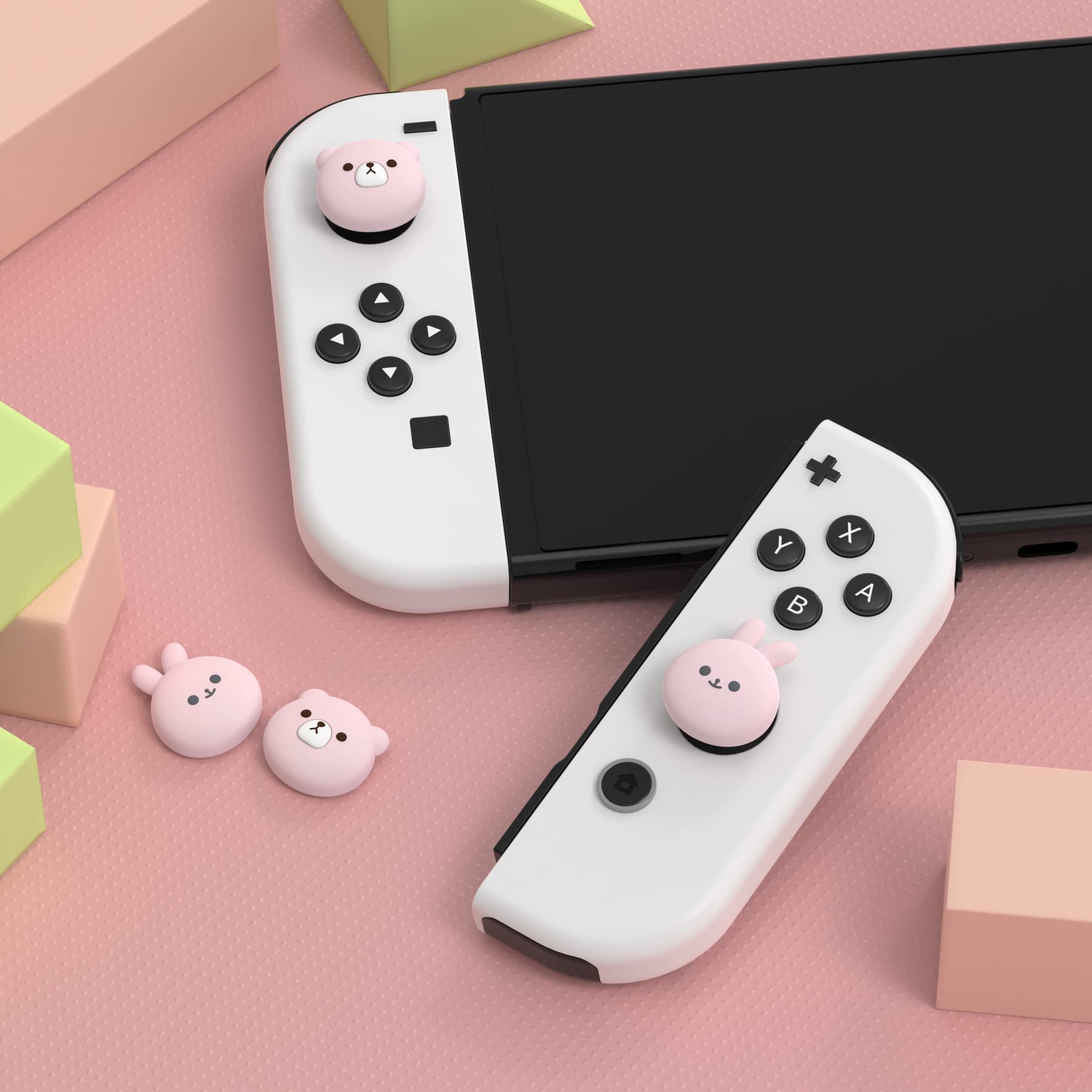 PlayVital Joystick Caps for Nintendo Switch, Thumbstick Caps for Switch Lite, Analog Cover Joycon Thumb Grip Caps for Switch & Switch Lite & Switch OLED - Chubby Bear & Smiley Bunny Pink