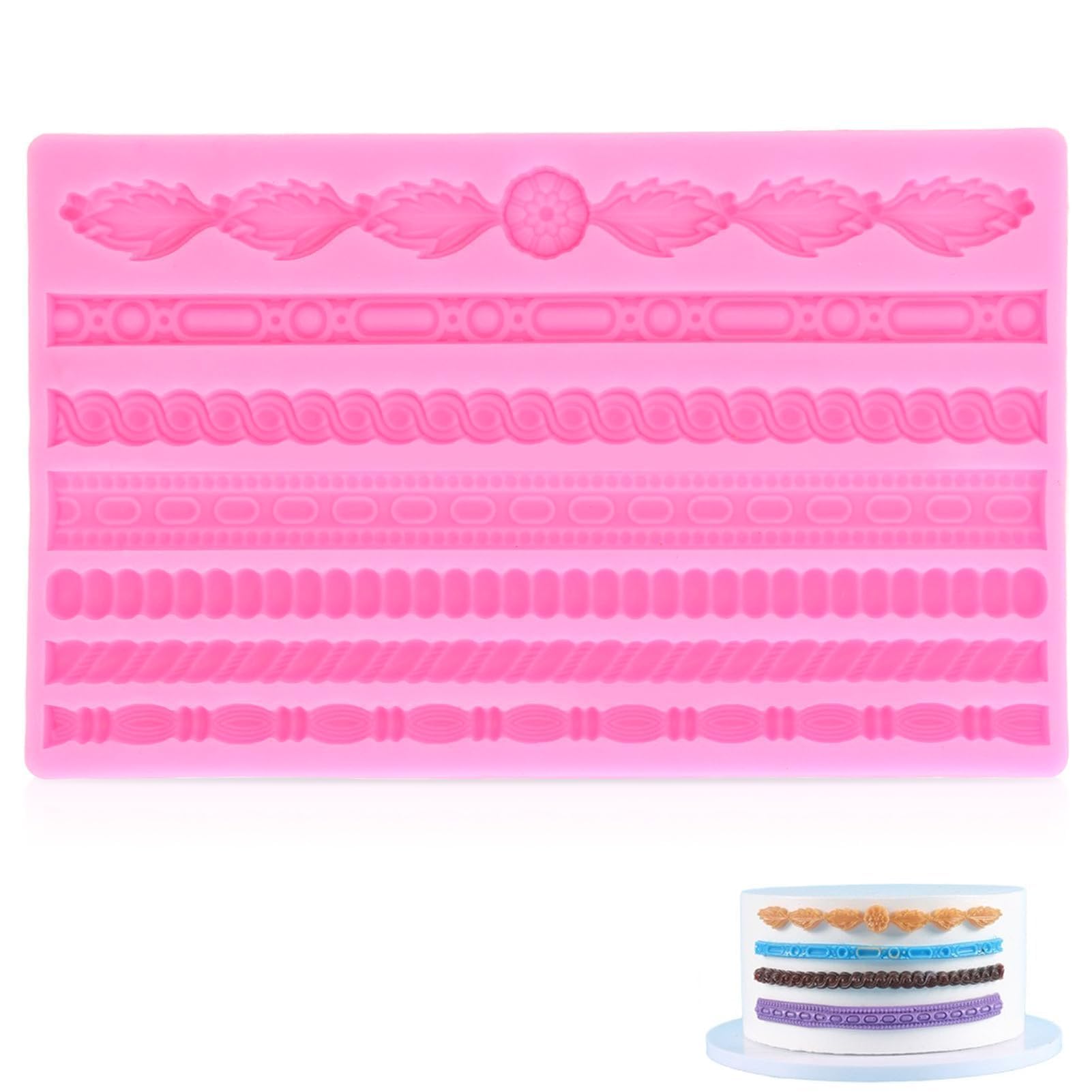 Rope Mold for Fondant, Silicone Rope Mold Pearl Lace Fondant Mould Pink Border Decoration Mould for Cake Decorating Fondant DIY Baking Tools