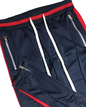 navy and red track pants