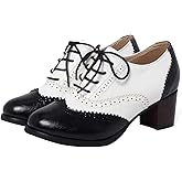 SHEMEE Women's Retro Wingtip Block Heel Lace Up Oxfords Stacked Chunky High Heels Pumps Vintage Round Toe Brogues Dress Shoes