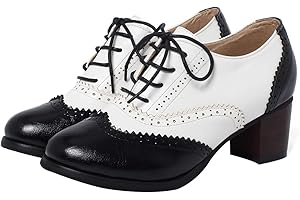 SHEMEE Women's Retro Wingtip Block Heel Lace Up Oxfords Stacked Chunky High Heels Pumps Vintage Round Toe Brogues Dress Shoes
