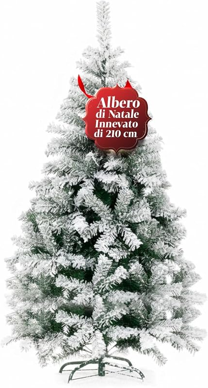 Albero di Natale Artificiale Innevato di 210 cm con 1078 Rami Folto. Perfetto per Interni, Pronto per Essere Decorato con Luci e Ornamenti Natalizi con Base in Metallo e Innesto Facile Ø 110 cm