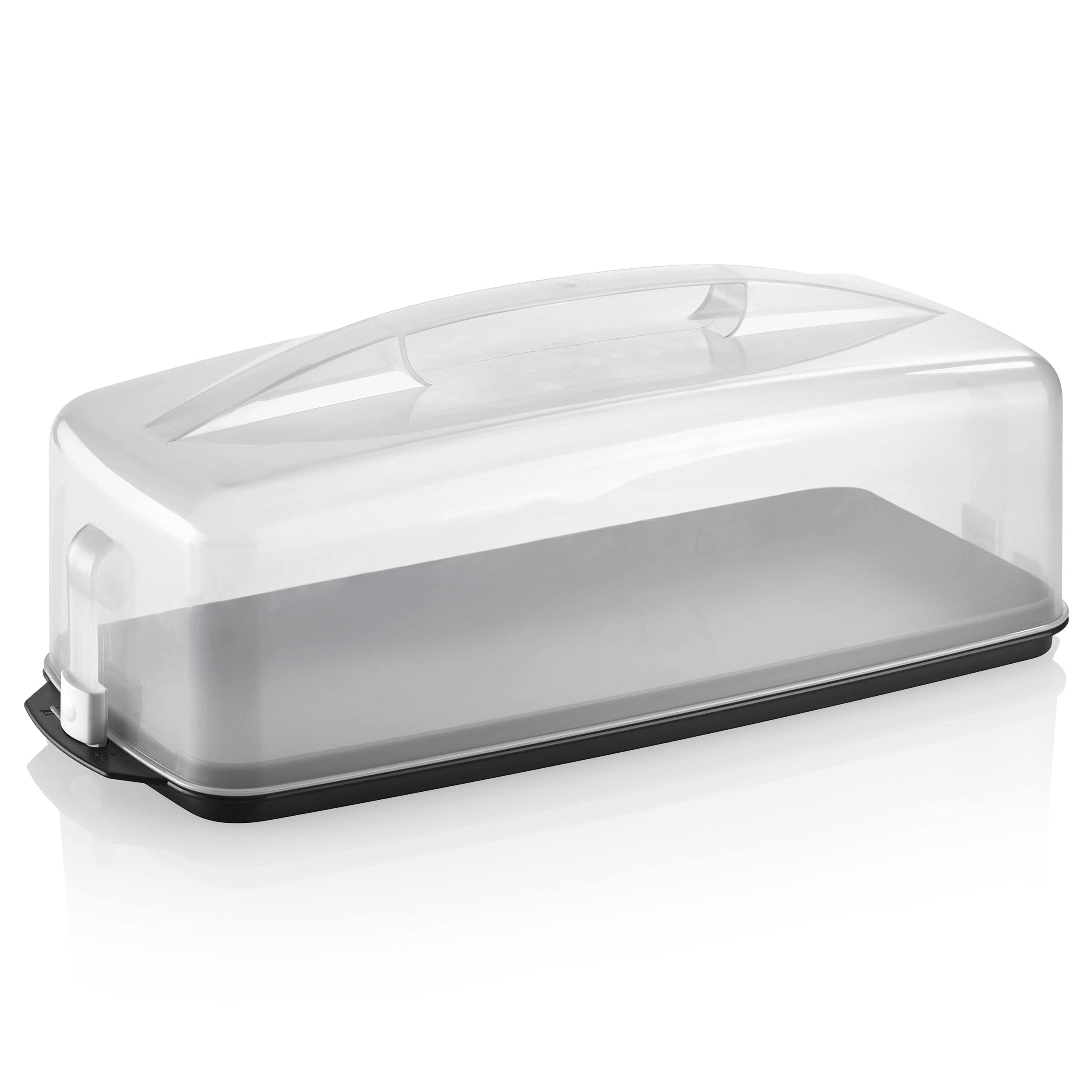 Grizzly cake transport box, rectangular with click-lock, 6" x 17" x 7", with lid and carrying handle.