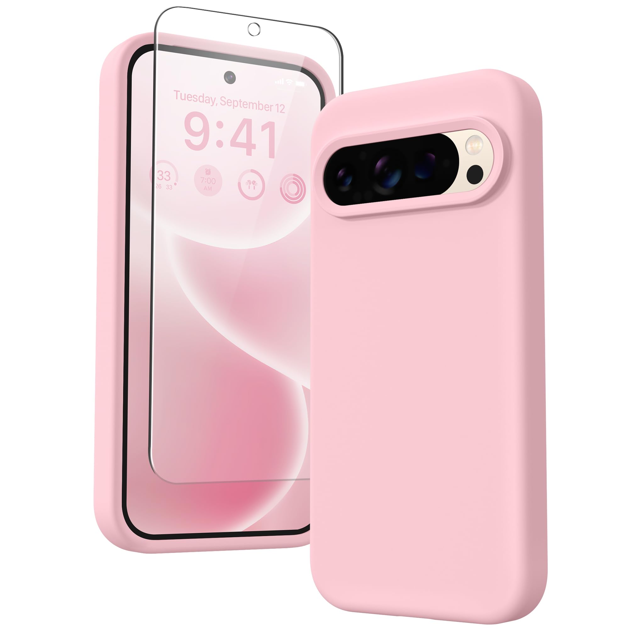 GONEZ for Google Pixel 9/Pixel 9 Pro Case, Liquid Silicone Case with Screen Protector, Full Body Protective Cover, Anti-Scratch Soft Microfiber Lining, Shockproof Phone Cover 6.3", Peach Pink