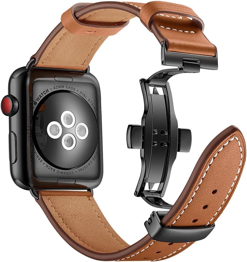 Myada Compatible for Apple Watch Strap 40mm iWatch Strap 38mm Leather Smart Watch Replacement Strap Metal Butterfly Buckle Bracelet Wristband for 38mm 40mm Apple Watch SE Strap Series 6/5/4/3/2/1