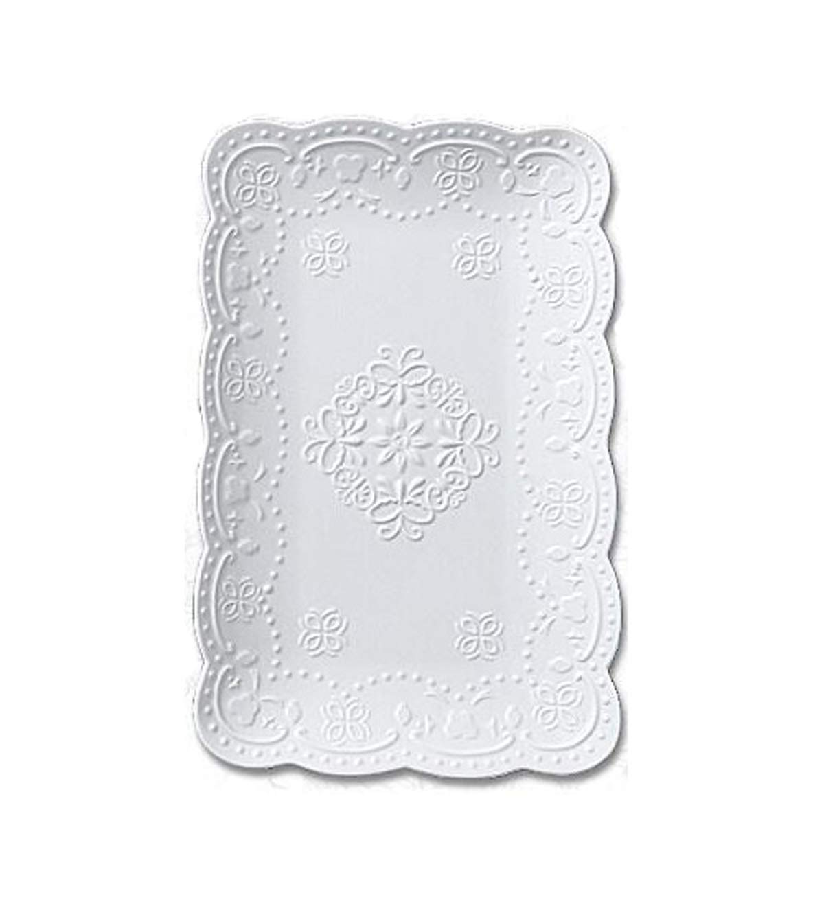 YBK Tech Elegant Rectangle Embossed Lace Plate Bone China Dessert Plate Ceramic Plate for Breakfast Afternoon Tea (White, 12-inch)
