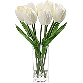 Briful Fake Flowers Artificial Tulip Flower White in Clear Vase, Real Touch Foam Tulip Arrangement Suitable for Home Office Decoration, Dining Table Centerpiece