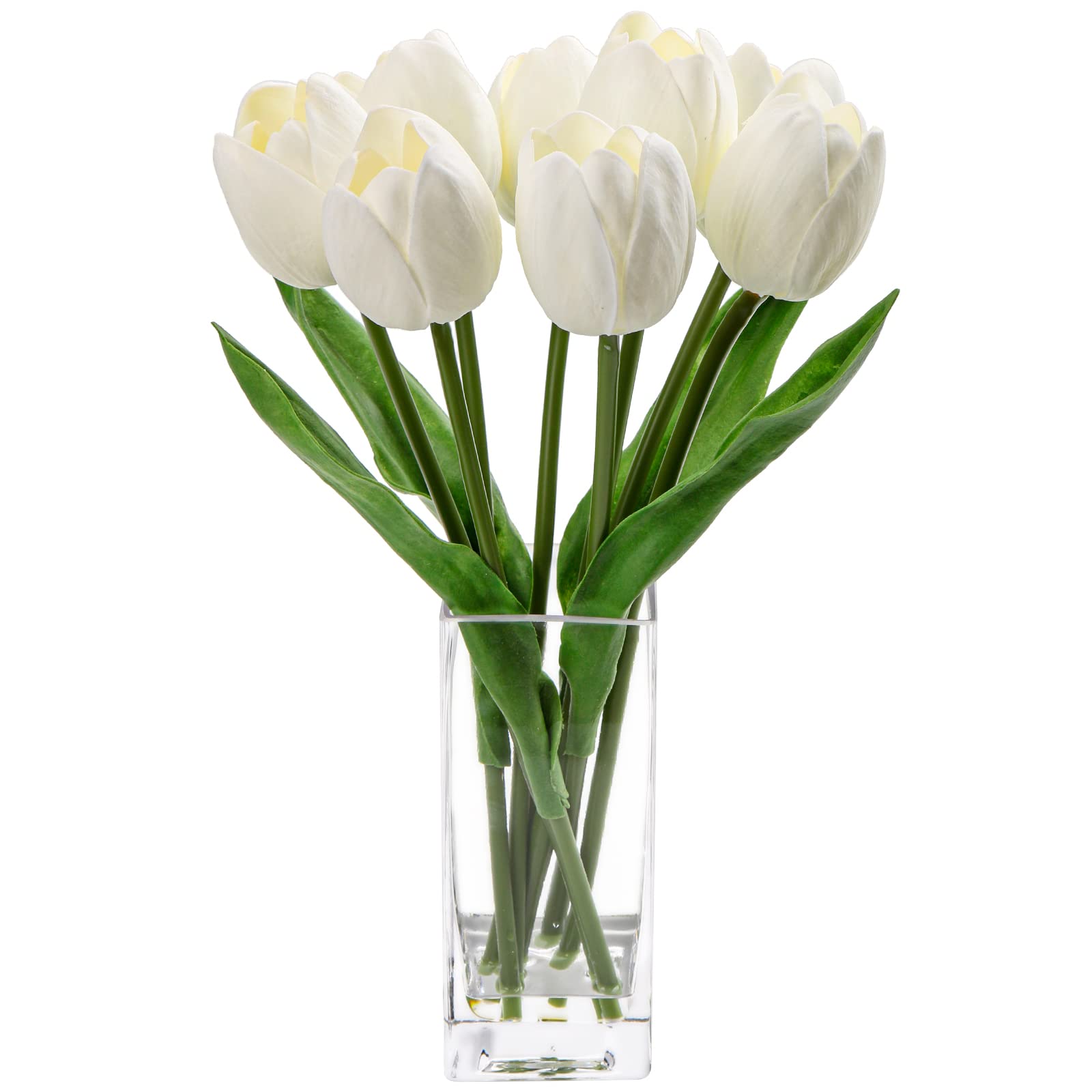 Hollyone 8PCS Artificial Tulips with Glass Vase Realistic Fake Flowers, Real Touch White Faux Flowers in Vase for Home, Living Room, Wedding, Centerpiece, Office, Party Decorations