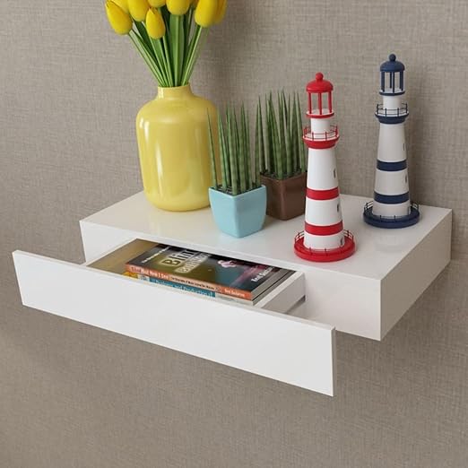 Vislone Estante Flotante Estanteria De Pared Librerias De Salon Decoracion Del Hogar Con 1 Cajon Mdf Blanco 48x25x8cm Amazon Es Hogar