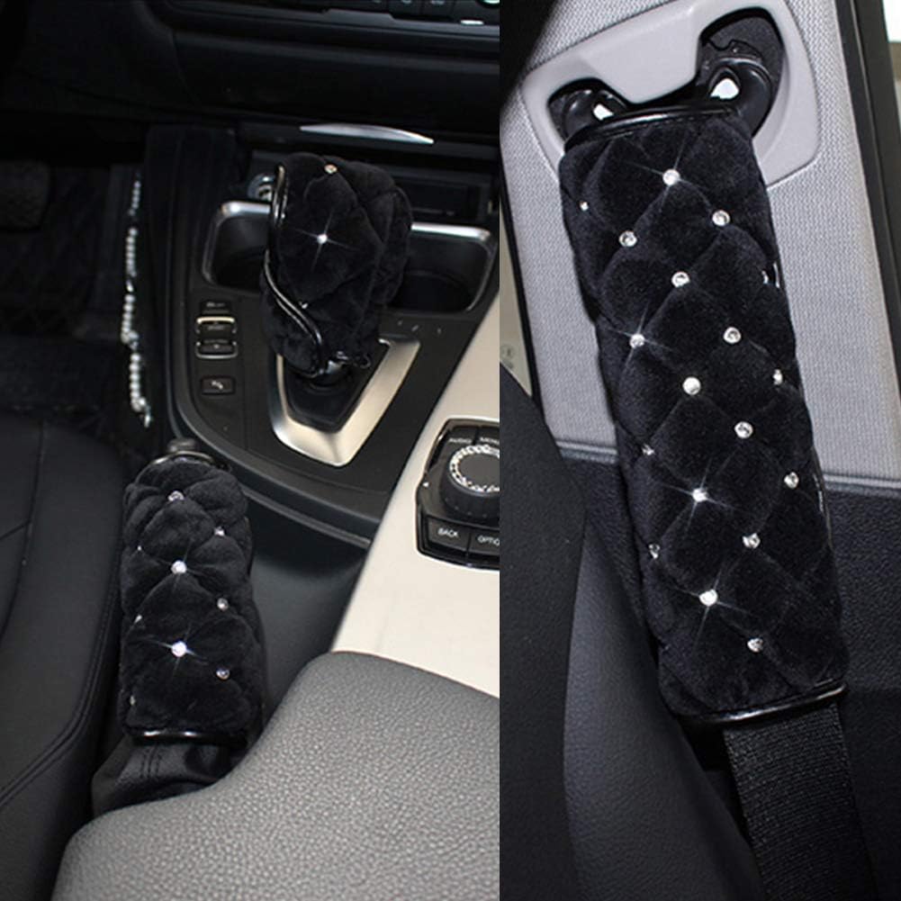 eing Plush Handbrake Cover Gear Shift Cover Seat Belt Cover 3 PCS/Set Car Interior Set Accessories Decor,Black