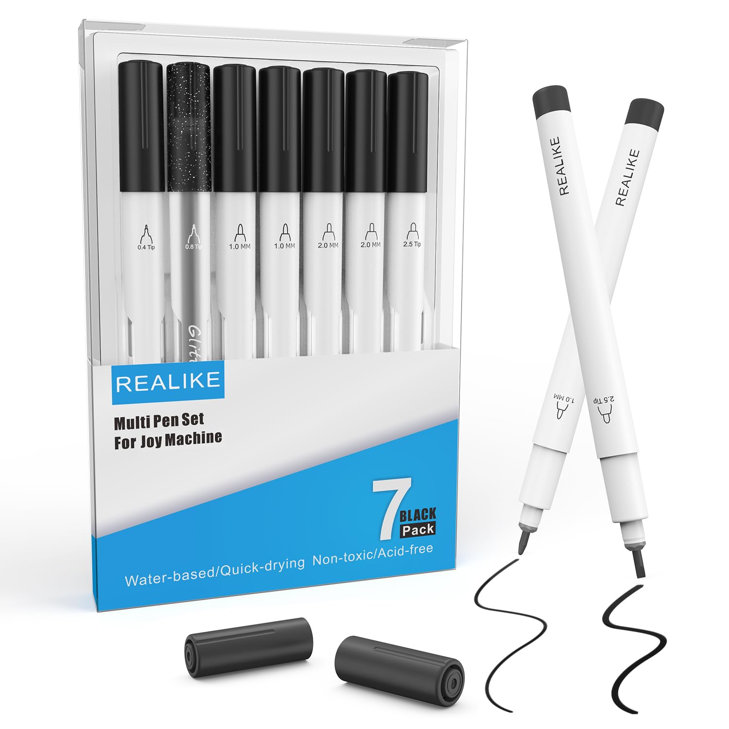 REALIKE Black Pens Set Compatible with Cricut Joy/Xtra, 7 Pack Variety Pens Include Fine Point Pen,Glitter Gel, Marker, Calligraphy Writing Drawing Pens