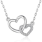 MALOYANVE Tiny Double Heart Necklace Dainty Cute Small Sterling Silver Cubic Zirconia Two Love Pendant Necklace Love Jewelry for women