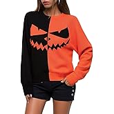 QIANSIQIANBO Women's Skeleton Knit Sweater Crewneck Long Sleeve Color Block Halloween Sweater Casual Ghost Jumper Tops